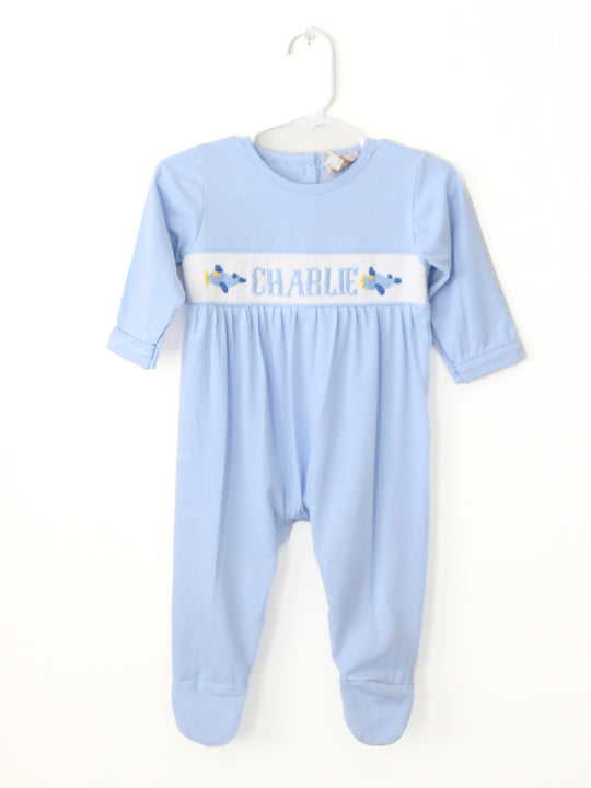 PREORDER- BOYS BLUE AIRPLANES NAME SMOCK FOOTIE