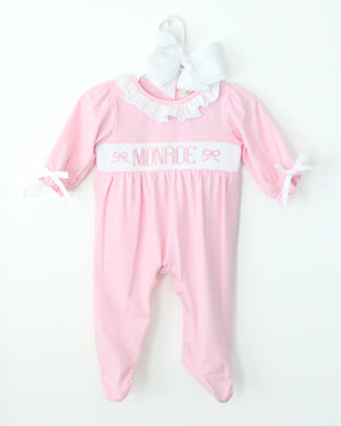 PREORDER- PINK BOW NAME SMOCK FOOTIE