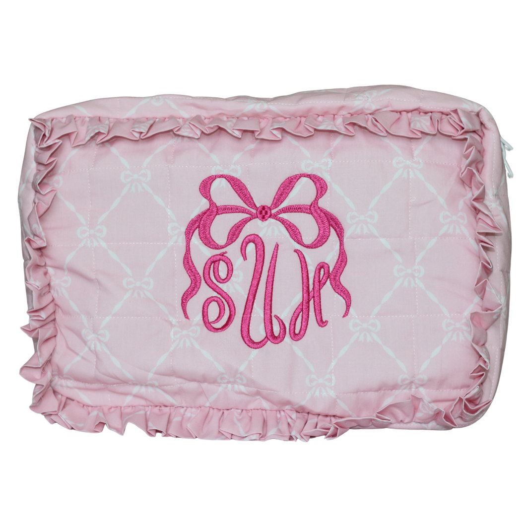 PINK BOWS LARGE RUFFLE ZIPPERED POUCH