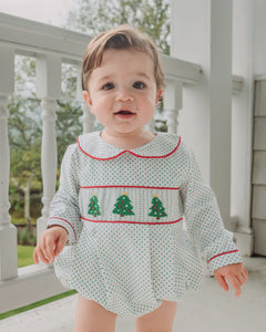 BOYS GREEN BITTY DOT SMOCKED CHRISTMAS TREES BUBBLE