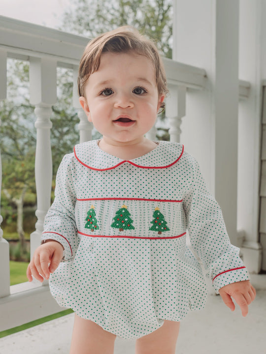 BOYS GREEN BITTY DOT SMOCKED CHRISTMAS TREES BUBBLE