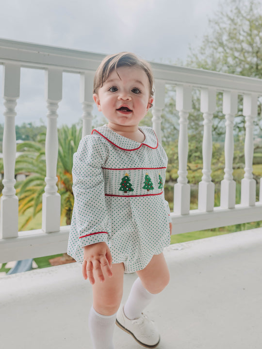 BOYS GREEN BITTY DOT SMOCKED CHRISTMAS TREES BUBBLE