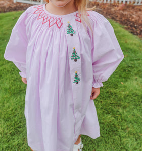 PINK GINGHAM TREES BISHOP DRESS