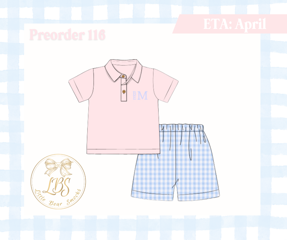 PO116 BLUE GINGHAM SHORTS & PINK POLO SET