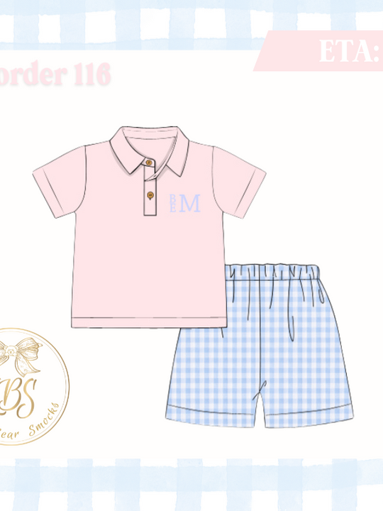 PO116 BLUE GINGHAM SHORTS & PINK POLO SET