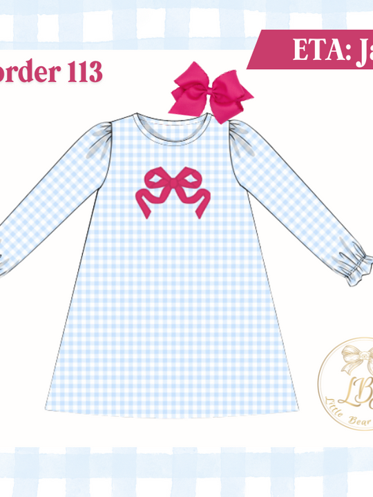 PO113 BLUE GINGHAM & HOT PINK BOW PLAY DRESS