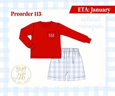 PO113 BOYS RED LONG SLEEVE & BUE GINGHAM SHORT SET