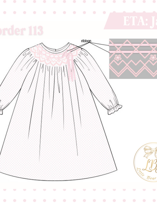 PO113 PINK BITTY DOT SMOCKED DRESS WITH SATIN BOW