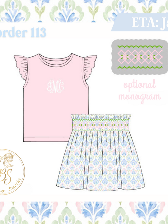 PO113 SMOCKED MAMIE MEDALLION SKORT SET