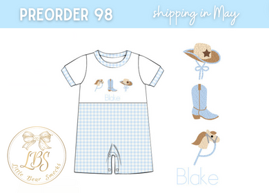 PO98 BLUE GINGHAM FRENCH KNOT COWBOY ROMPER