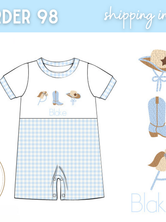 PO98 BLUE GINGHAM FRENCH KNOT COWBOY ROMPER