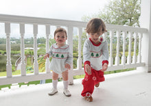 Load image into Gallery viewer, BOYS GREEN BITTY DOT SMOCKED CHRISTMAS TREES BUBBLE