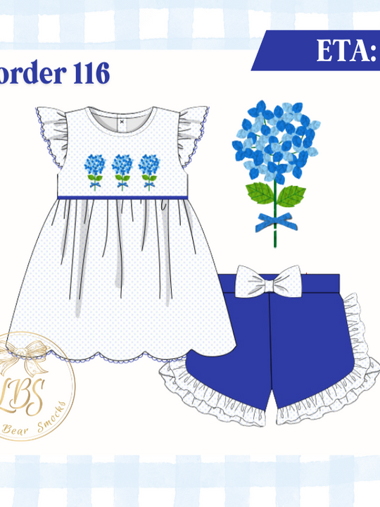 PO116 BLUE FRENCH KNOT HYDRANGEA SHORT SET