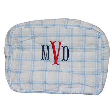 BLUE PLAID & NAVY LARGE ZIPPERED POUCH