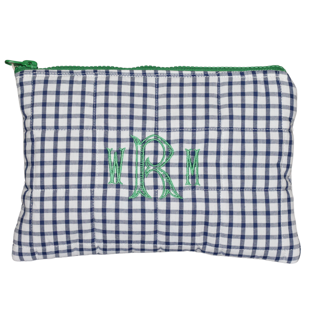 NAVY WINDOWPANE & GREEN SMALL ZIPPERED POUCH