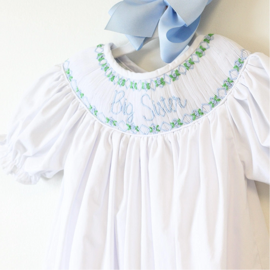 BLUE BIG SISTER SMOCKED BISHOP DRESS