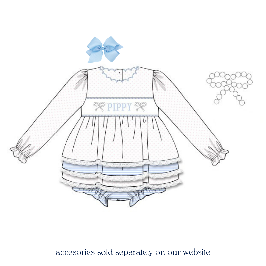 Pearl Bows & Lace Name Smocked Bubble