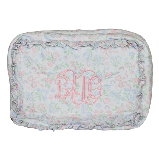 PASTEL FLORAL & BOWS LARGE RUFFLE ZIPPERED POUCH