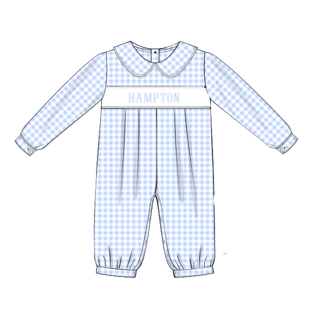 Boys White & Blue Name Smocked Romper