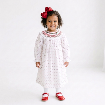 Classic Red & Green Swiss Dot Smocked Bishop Dress