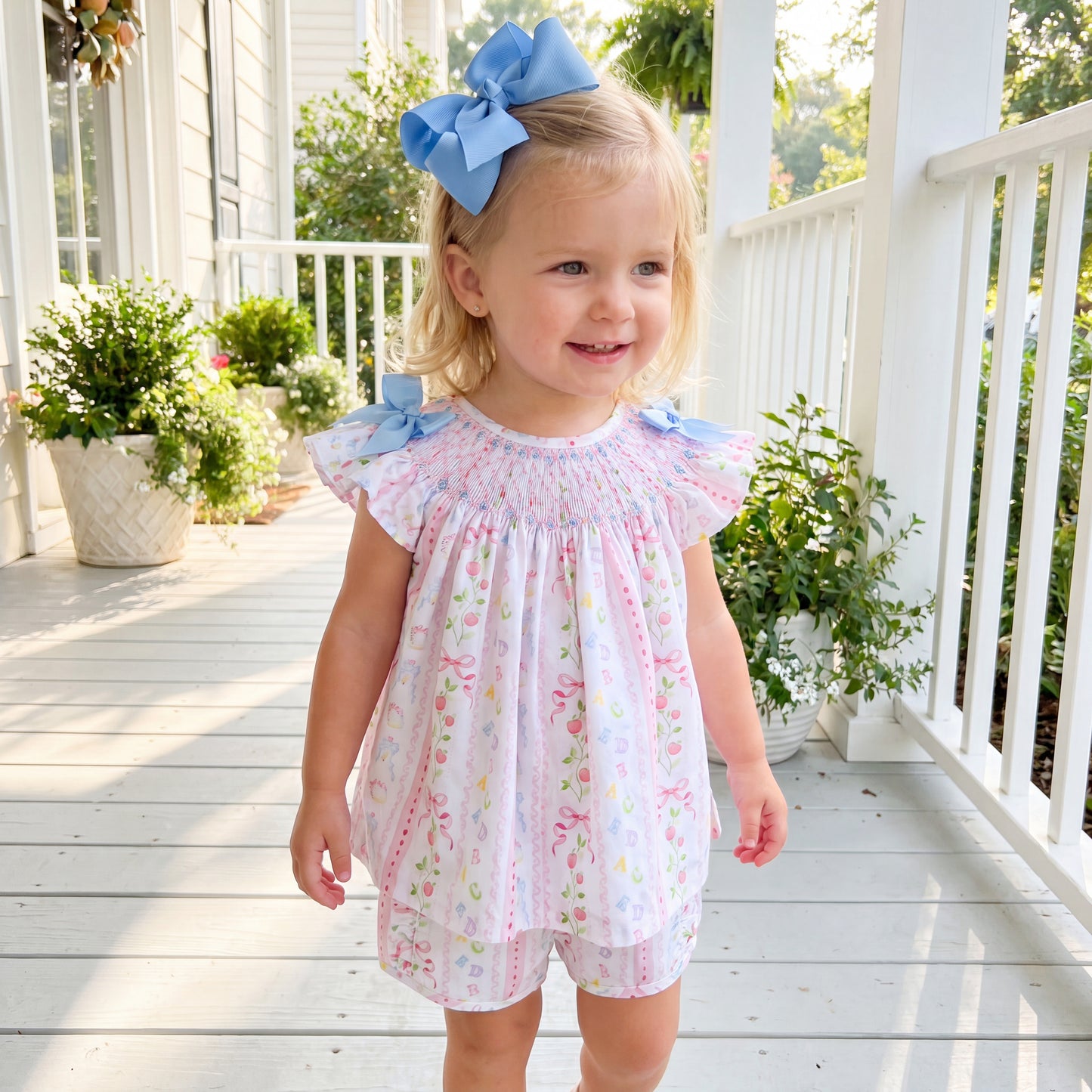 Girls Back To School Smocked Short Set