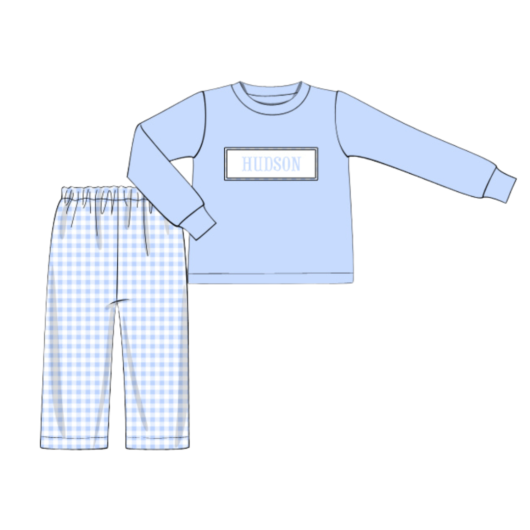 Boys White & Blue Name Smocked Pant Set