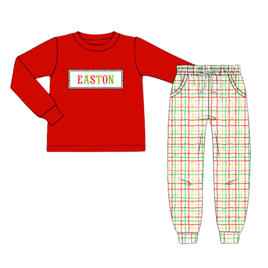 BOYS PLAID NAME SMOCKED JOGGER SET
