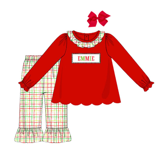 GIRLS PLAID NAME SMOCKED PANT SET
