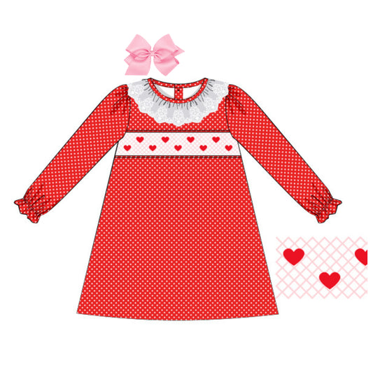 SMOCKED GEOMETRIC HEARTS POLKA DOT DRESS