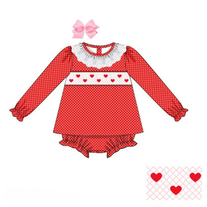 SMOCKED GEOMETRIC HEARTS POLKA DOT SKIRTED BUBBLE