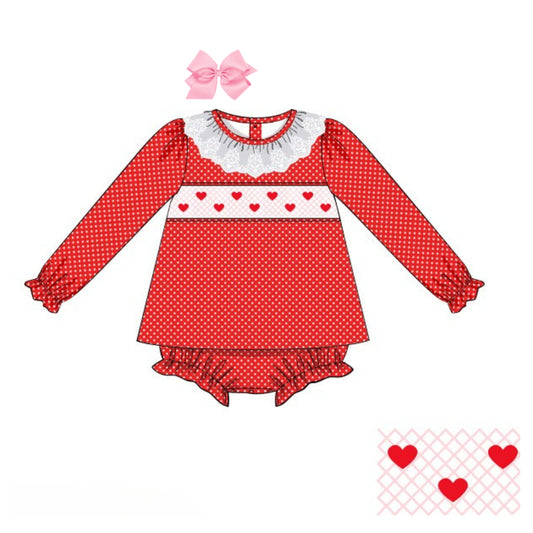 SMOCKED GEOMETRIC HEARTS POLKA DOT SKIRTED BUBBLE