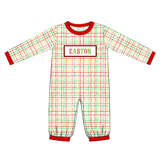 BOYS PLAID NAME SMOCKED ROMPER