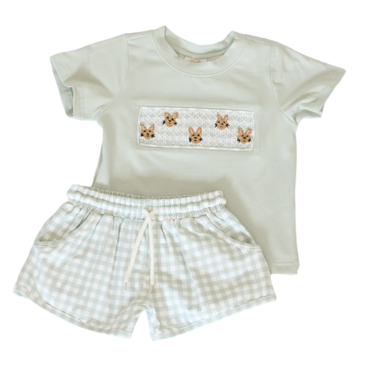 BOYS SMOCKED GEOMETRIC BUNNIES SHORT SET