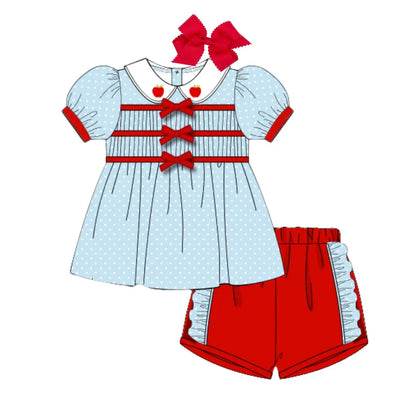 BLUE DOT APPLE BOWS SHORT SET