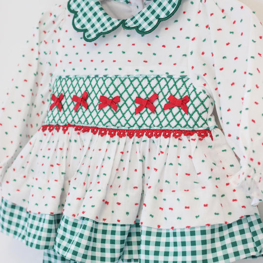 SWISS DOT GEOMETRIC SMOCKED & BOWS DIAPER SET
