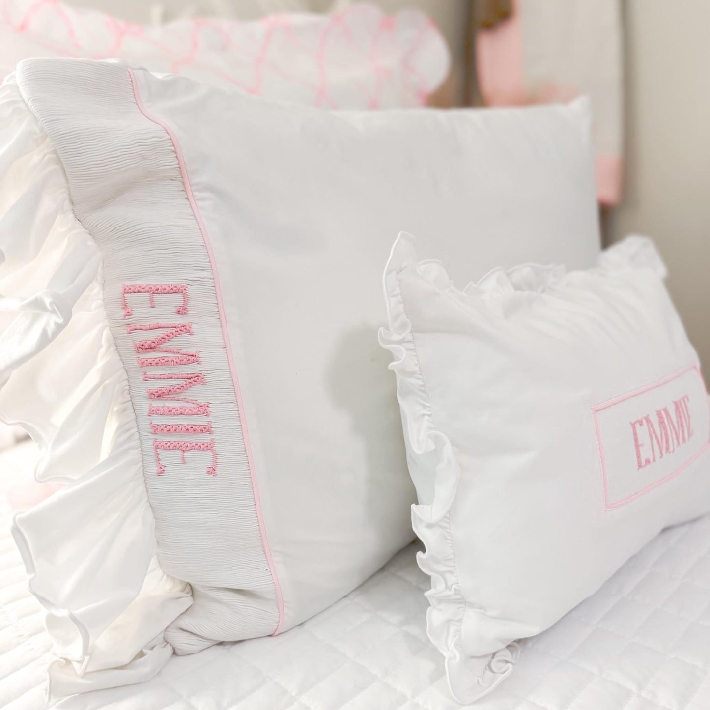 White with Pink Ruffled Name Smocked Infant Pillow Case