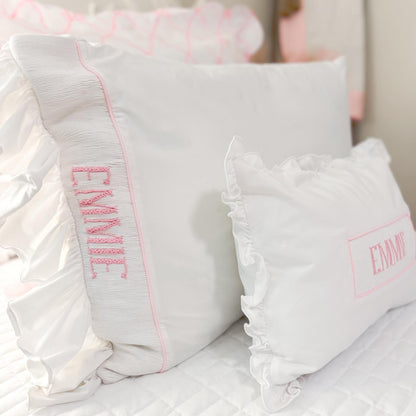 White with Pink Ruffled Name Smocked Infant Pillow Case