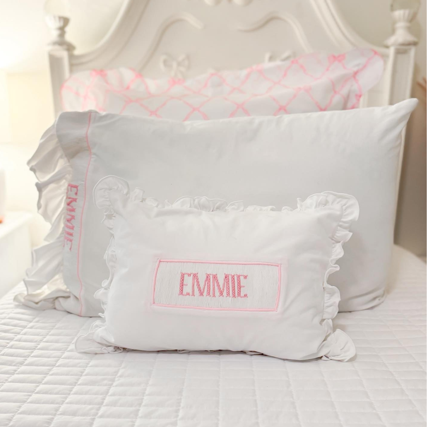 White with Pink Ruffled Name Smocked Infant Pillow Case