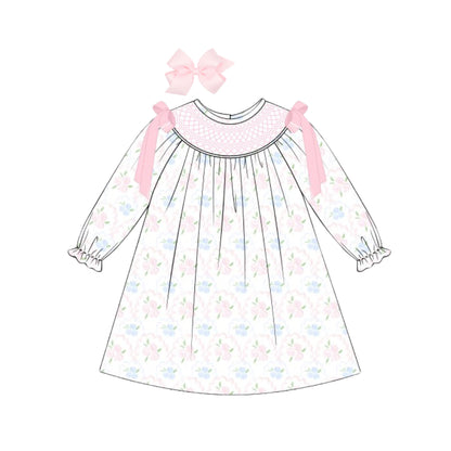 WATERCOLOR FLORAL GEOMETRIC SMOCKED BISHOP DRESS