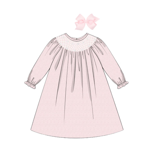 PINK SWISS DOT PEARL GEOMETRIC SMOCKED BISHOP DRESS