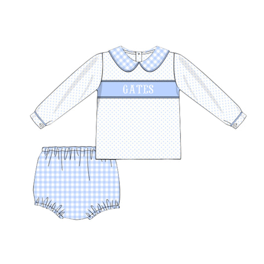BLUE BITTY DOT & GINGHAM NAME SMOCKED DIAPER SET