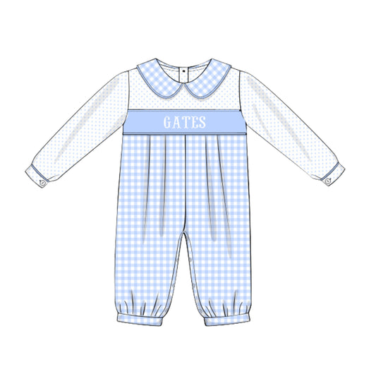 BLUE BITTY DOT & GINGHAM NAME SMOCKED ROMPER