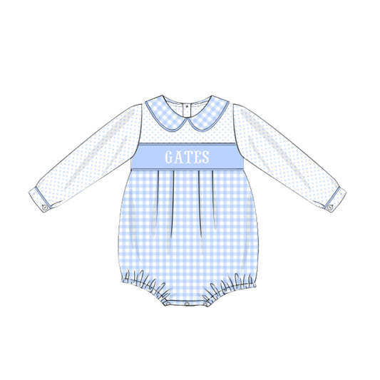 BLUE BITTY DOT & GINGHAM NAME SMOCKED BUBBLE
