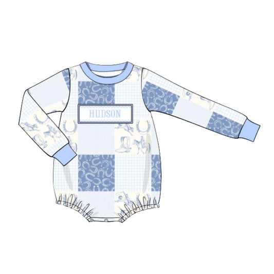 BOYS COWBOY PATCHWORK NAME SMOCKED BUBBLE