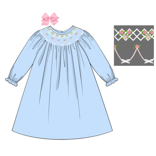 BLUE ROSETTE SMOCKED BISHOP DRESS