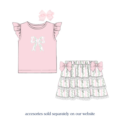PINK VINES BOW APPLIQUE SKORT SET