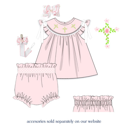 PINK FLORAL CROSS SMOCKED DIAPER SET