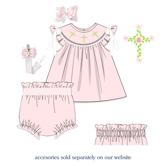 PINK FLORAL CROSS SMOCKED DIAPER SET