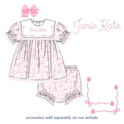 GIRLS BUNNY TOILE BIB COLLAR DIAPER SET