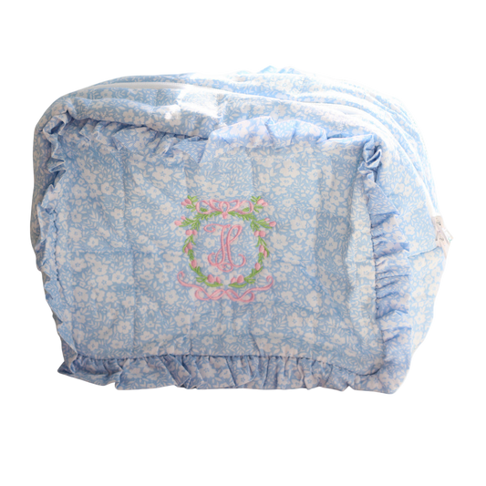 BLUE FLORAL LARGE ZIPPERED POUCH